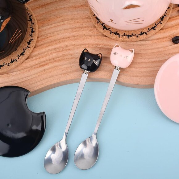 Pink Ceramic Coffee mug Cute Cat Handmade Tea Cups with Stainless Steel Spoon Ki - Picture 7 of 7